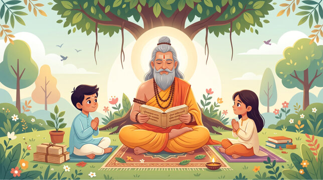 Guru purnima indian culture illustration with teacher reading scripture to children under sacred tree showing knowledge devotion and learning for greeting banner poster background design