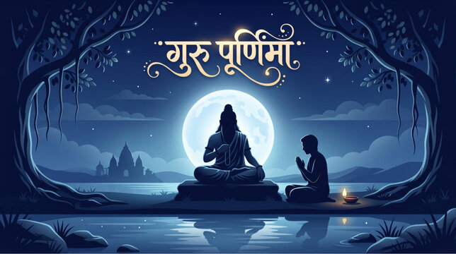 Guru purnima night scene with guru meditating and disciple praying under full moon in serene landscape expressing devotion wisdom and spirituality for greeting banner poster design