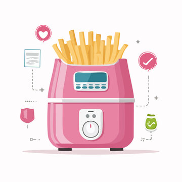 Pink Air Fryer with French Fries and Icons