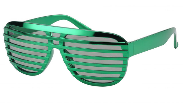 Metallic green shutter shade sunglasses with horizontal slats, isolated on a solid black background, viewed from a slightly elevated side angle