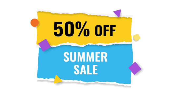 50% Off Summer Sale Discount Banner with Colorful Geometric Shapes