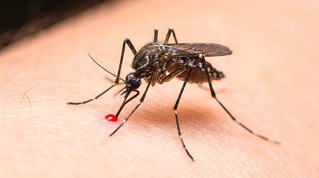 Extreme close-up of a mosquito biting human skin and sucking blood. Medical illustration for malaria, dengue fever, and zika virus prevention campaigns. Disease vector and health education.