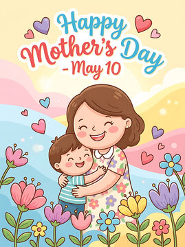Heartwarming Mother s Day Illustration with Happy Mom and Child in a Floral Garden