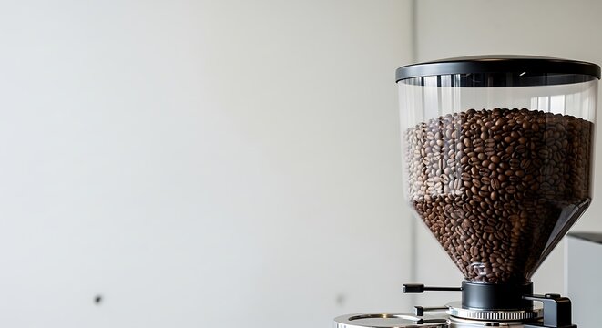 Close-up view of a coffee grinder's transparent hopper filled with dark roasted coffee beans against a plain white background.