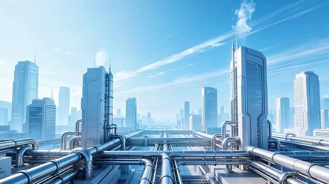 Futuristic cityscape with elevated piping