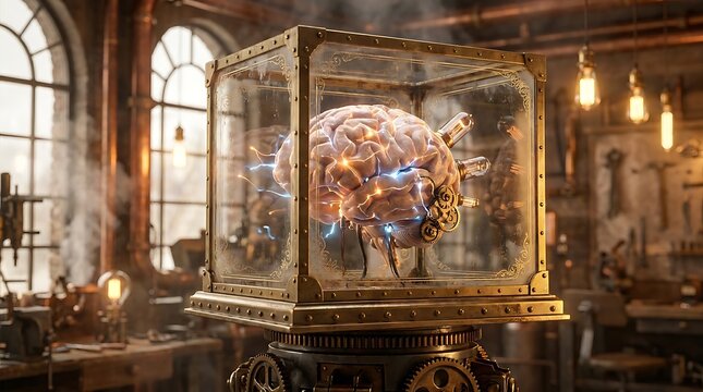 Steampunk Mechanical Brain with Glowing Electrical Sparks Inside a Victorian Glass Enclosure in a Vintage Workshop