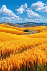 Fototapeta premium Golden wheat field and rolling hills under a bright blue sky with fluffy summer clouds