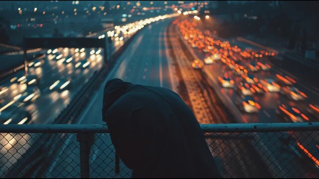 Hooded Figure Watches Busy Highway Traffic at Night, Motion Blur