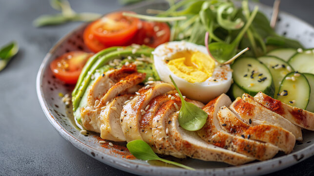 High protein meal with chicken, eggs, avocado, and vegetables on plate, fitness nutrition concept, natural soft daylight, minimal composition, slight imperfections