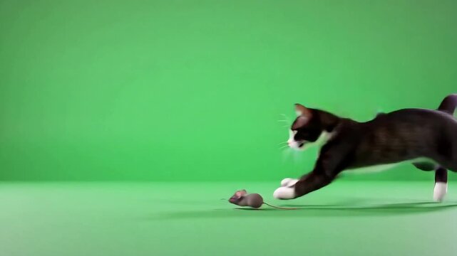 Tuxedo Cat Chasing Toy Mouse on Green Screen Background