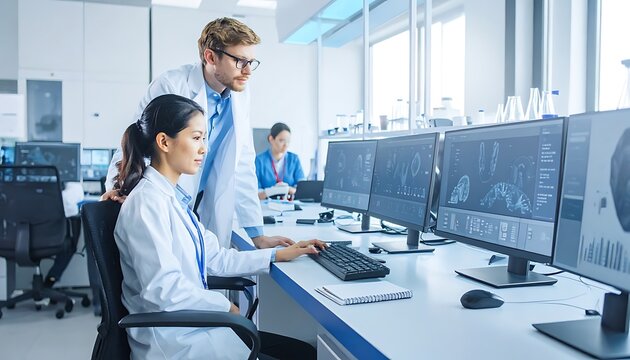Two lab workers analyze data on multiple computer screens in a modern laboratory setting