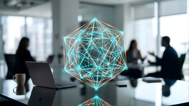 Glowing 3D Geometric Network Node Structure Hovering Above Meeting Table Representing Global Connectivity