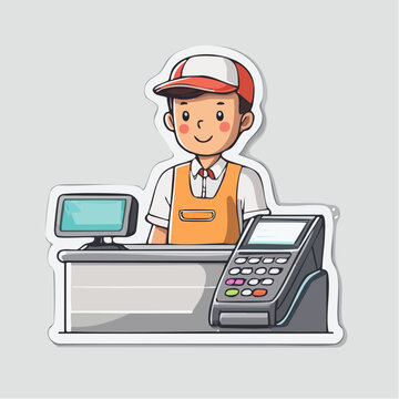 Cartoon Cashier with POS Machine and Monitor