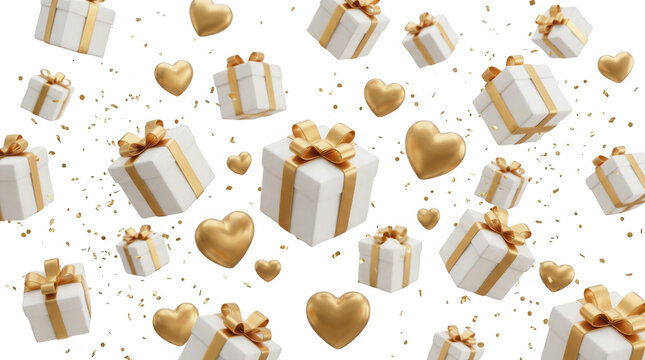 Numerous white gift boxes tied with gold ribbons and golden heart shapes are falling amidst scattered gold confetti 170 characters present celebration birthday anniversary