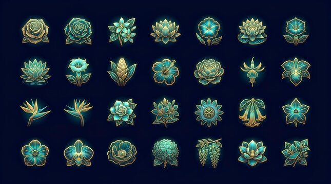 Dark mode elegant icon sheet, glowing summer flowers in gold and teal