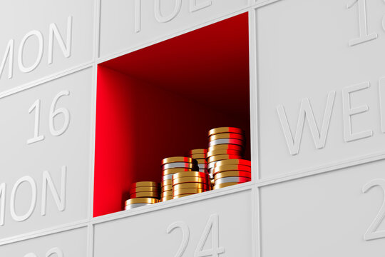 Coins stacked inside calendar slot symbolizing payout date concept with creative style composition and bright contrast background. 3D Rendering