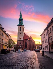 Fototapeta premium Historic cobblestone street leads to a church steeple at sunset