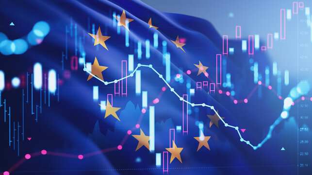 European flag with glowing forex chart lines, candlesticks, and market indicators representing financial volatility and economic trend concept. 3D Rendering