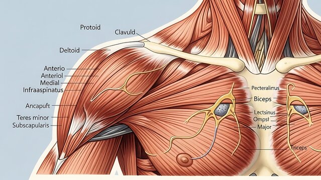 Detailed Anatomical Illustration of Human Chest and Shoulder Muscles.