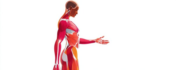 Obraz premium Detailed female anatomy illustration showing muscular system and arm muscles in a teaching pose