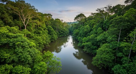 Obraz premium A tranquil jungle river winding through dense, lush green rainforest vegetation under a soft, cloudy sky.