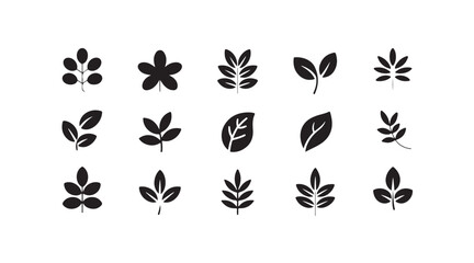Fototapeta premium Set of various minimalist leaf icons, simple plant outlines, collection of foliage shapes.