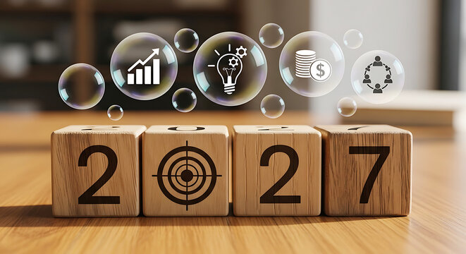 Wooden blocks with numbers 2027 and business in bubbles cubes 1