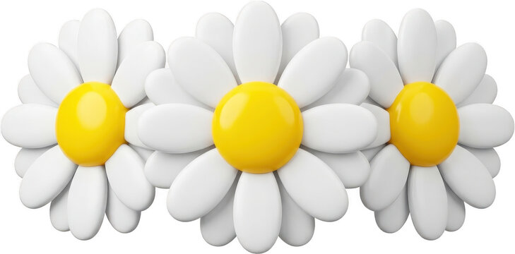 Three stylized white daisy flowers with bright yellow centers arranged closely together presented in a close up three quarter view white flower blossom nature spring summer