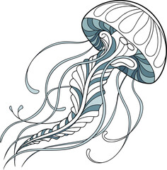 Vector jellyfish illustration, blue and white sea creature, aquatic animal design, decorative marine life © Bibha