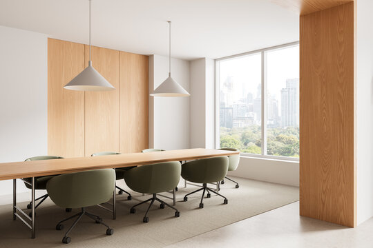 Minimalist interior meeting room with wooden table, soft chairs, large window city view and modern lighting design concept architecture. 3D Rendering