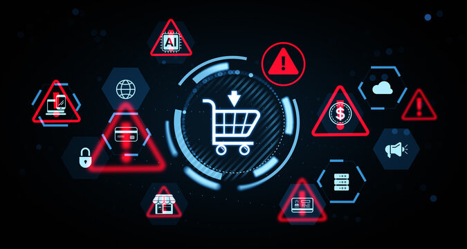 Digital shopping cart with cybersecurity warning symbols in futuristic interface design highlighting online threat concept on dark blurred background. 3D Rendering