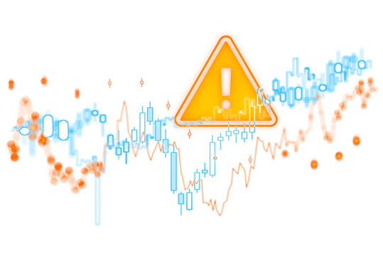 Warning sign over mixed forex and crypto candlestick chart with rising and falling market lines on blurred background highlighting investment risk concept. 3D Rendering