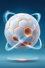 Naklejka premium Futuristic soccer ball sphere with glowing hexagonal panels and energy rings, digital sports concept