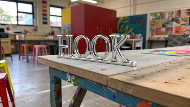 Silver Metal Word Hook Display on Workshop Table Surface