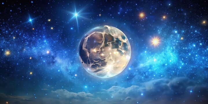 A starry sky at night with a bright full moon , astrological background, night sky,  astrological background