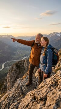 Father and daughter hiking and pointing at mountain view