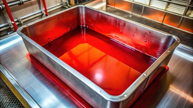 A metal object being submerged in a bright red chemical bath for anodizing process