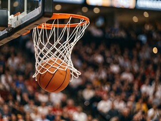 Fototapeta premium A basketball successfully passes through the net, swishing perfectly during a game.