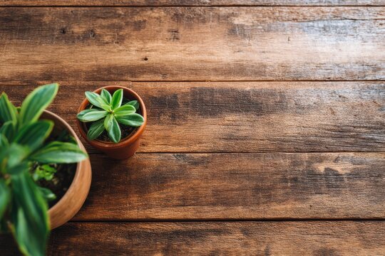 素朴な木製の表面に2つの小さな鉢植えが置かれています