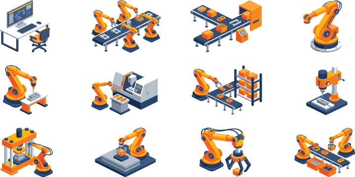 Collection of isometric industrial robotic arms and automated conveyor belts for factory assembly line manufacturing and modern smart technology production concepts isolated on white background