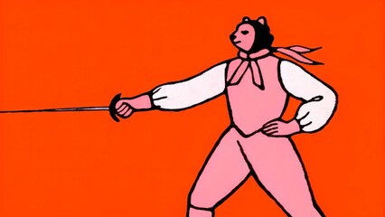 Fototapeta premium Fencer in pink costume holding sword with vibrant orange background during a colorful competition