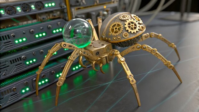 Mechanical spider on a table near servers with green lights at a technology lab