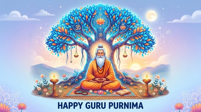 Happy guru purnima celebration vector illustration with guru meditating under a tree design art image
