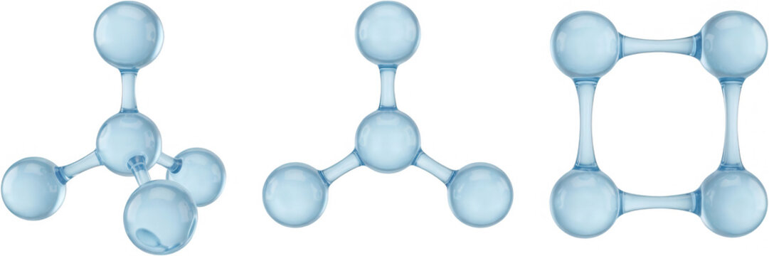 Three different molecular structures formed by transparent blue spheres and connecting rods representing chemical bonds 180 characters molecule science chemistry atomic structure