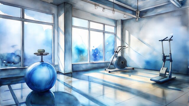 Modern empty gym interior with fitness equipment in watercolor painting style