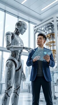 Scientist interacting with humanoid robot in lab