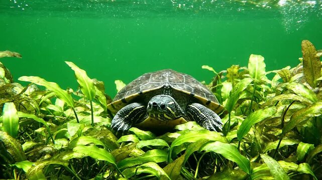 Close-up View of a Turtle Swimming Among Lush Green Aquatic Plants in Clear Water