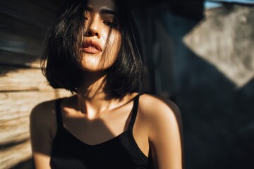 Fototapeta premium 短い髪の女性が暖かい日差しの中に立っています
