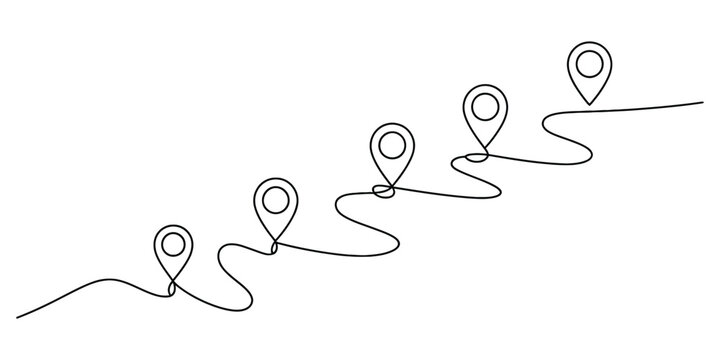 Continuous line drawing of a travel path with multiple location pins