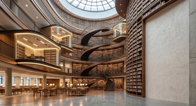 Modern university library interior with spiral bookshelves and study area empty and quiet